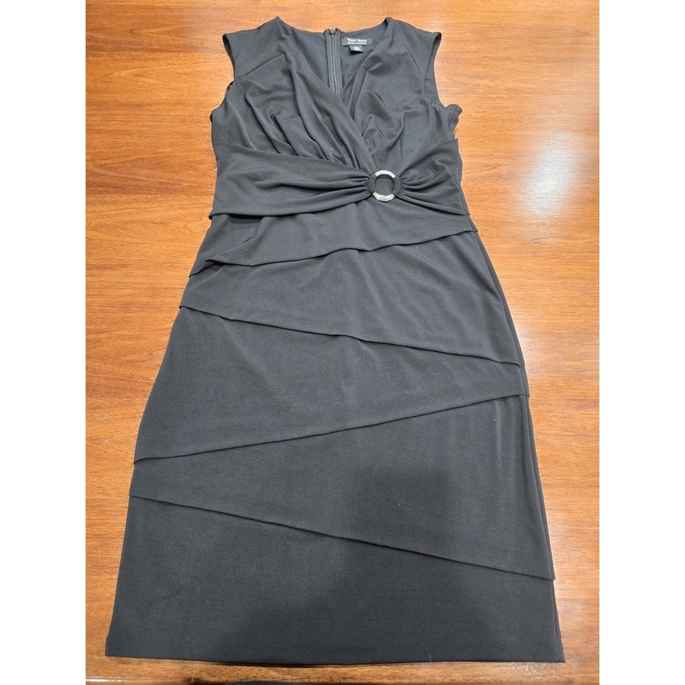 White House Black Market Black Sheath Dress Layered Buckle V-Neck Jersey Size 12